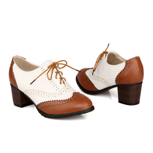 brown Retro Wingtip Oxford Heels for Women - Vintage Two-Tone Brogue Design for Everyday & Office Wear