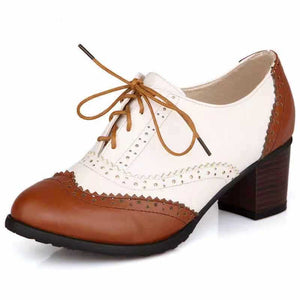 brown Retro Wingtip Oxford Heels for Women - Vintage Two-Tone Brogue Design for Everyday & Office Wear