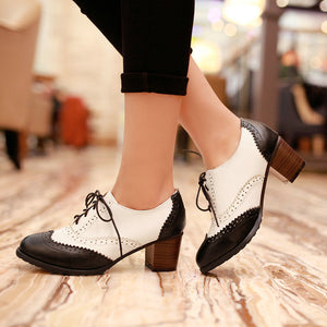 black Retro Wingtip Oxford Heels for Women - Vintage Two-Tone Brogue Design for Everyday & Office Wear