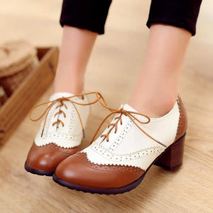 brown Retro Wingtip Oxford Heels for Women - Vintage Two-Tone Brogue Design for Everyday & Office Wear