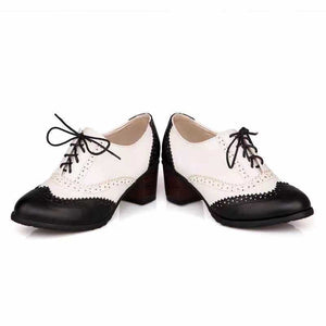 black Retro Wingtip Oxford Heels for Women - Vintage Two-Tone Brogue Design for Everyday & Office Wear