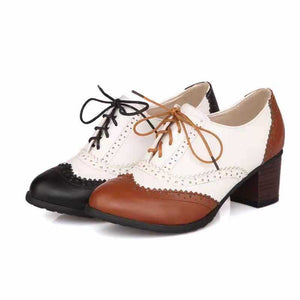 Retro Wingtip Oxford Heels for Women - Vintage Two-Tone Brogue Design for Everyday & Office Wear
