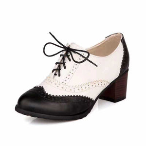 black Retro Wingtip Oxford Heels for Women - Vintage Two-Tone Brogue Design for Everyday & Office Wear