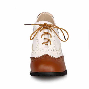 brown Retro Wingtip Oxford Heels for Women - Vintage Two-Tone Brogue Design for Everyday & Office Wear