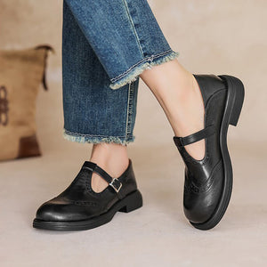 Women's vintage T-strap Mary Jane brogue shoes with buckle