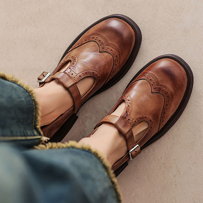 Women's vintage T-strap Mary Jane brogue shoes with buckle