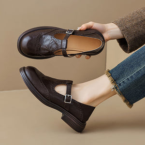 Women's vintage T-strap Mary Jane brogue shoes with buckle