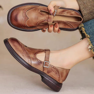 Women's vintage T-strap Mary Jane brogue shoes with buckle