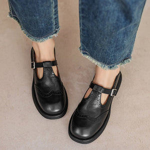 Women's vintage T-strap Mary Jane brogue shoes with buckle