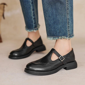 Women's vintage T-strap Mary Jane brogue shoes with buckle