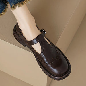 Women's vintage T-strap Mary Jane brogue shoes with buckle