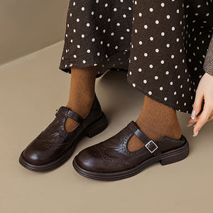 Women's vintage T-strap Mary Jane brogue shoes with buckle