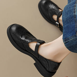 Women's vintage T-strap Mary Jane brogue shoes with buckle