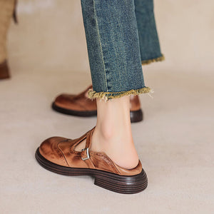 Women's vintage T-strap Mary Jane brogue shoes with buckle