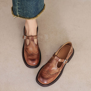Women's vintage T-strap Mary Jane brogue shoes with buckle