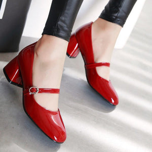 red Women's vintage ankle strap block heels Mary Jane pumps 2 inches