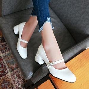 white Women's vintage ankle strap block heels Mary Jane pumps 2 inches