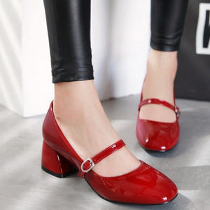 red Women's vintage ankle strap block heels Mary Jane pumps 2 inches