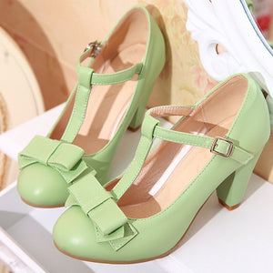 green Women's vintage bowknot T-strap Mary Jane pumps for party