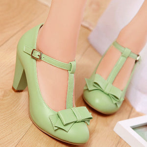Women's vintage bowknot T-strap Mary Jane pumps for party