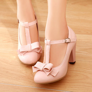 Women's vintage bowknot T-strap Mary Jane pumps for party