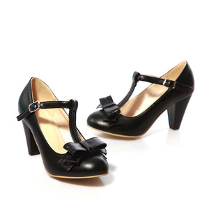 black Women's vintage bowknot T-strap Mary Jane pumps for party