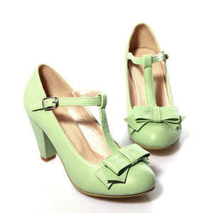 green Women's vintage bowknot T-strap Mary Jane pumps for party