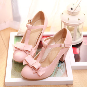 pink Women's vintage bowknot T-strap Mary Jane pumps for party
