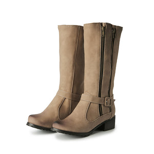 apricot Retro Mid-Calf Riding Boots for Women - Double Zipper Detail for Everyday Elegance