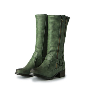 green Retro Mid-Calf Riding Boots for Women - Double Zipper Detail for Everyday Elegance