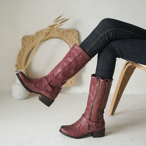 burgundy Retro Mid-Calf Riding Boots for Women - Double Zipper Detail for Everyday Elegance