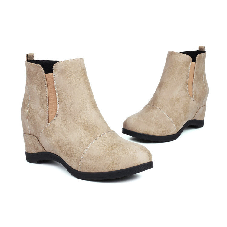 khaki Women's vintage elastic band slip-on wedge heels booties