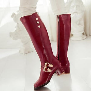 Women's vintage faux leather knee high knight boots with side zipper