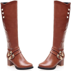 Women's vintage faux leather knee high knight boots with side zipper