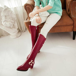 red Women's vintage faux leather knee high knight boots with side zipper