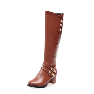 Women's vintage faux leather knee high knight boots with side zipper