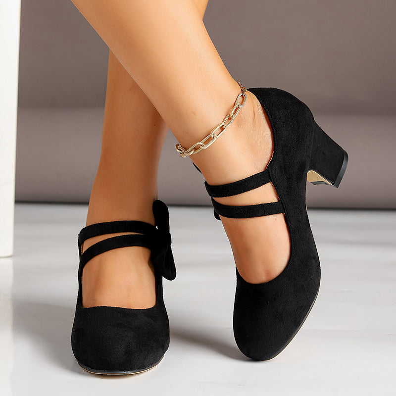 Women's vintage faux suede bow tie Mary Jane pumps