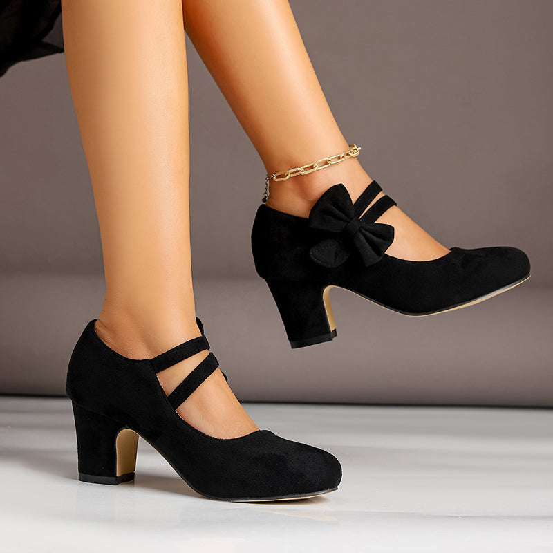 Women's vintage faux suede bow tie Mary Jane pumps