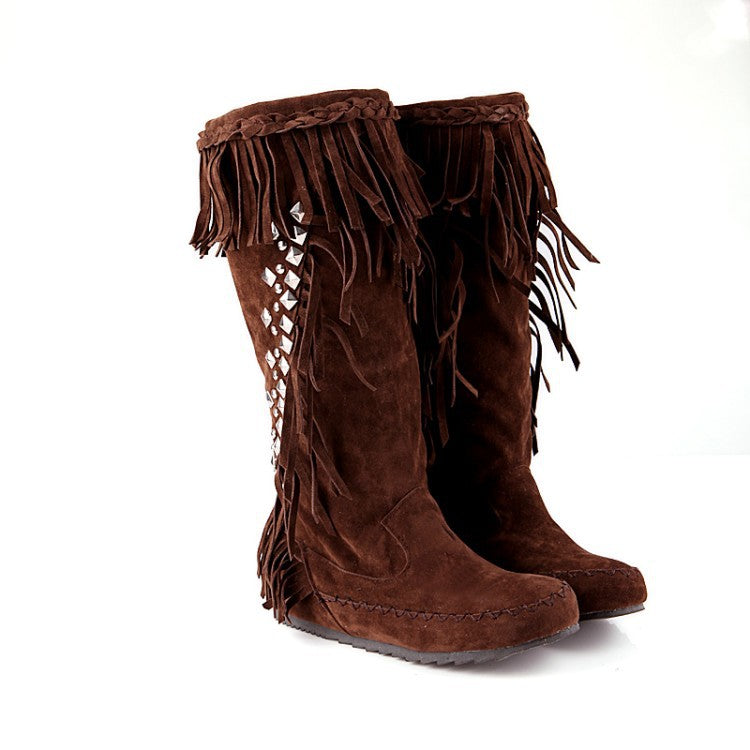 brown Women's vintage faux suede fringed and studded western boots