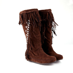 brown Women's vintage faux suede fringed and studded western boots