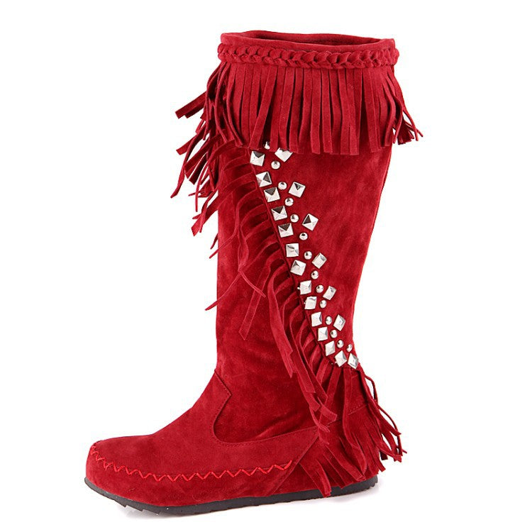 red Women's vintage faux suede fringed and studded western boots