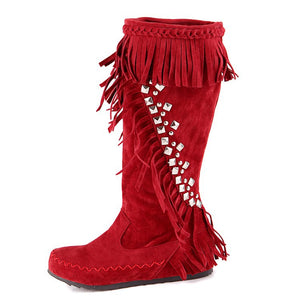 red Women's vintage faux suede fringed and studded western boots
