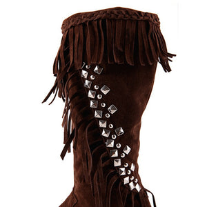 brown Women's vintage faux suede fringed and studded western boots