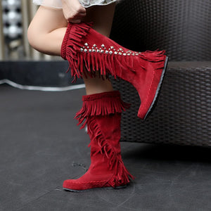 red Women's vintage faux suede fringed and studded western boots