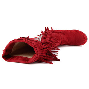 red Women's vintage faux suede fringed and studded western boots