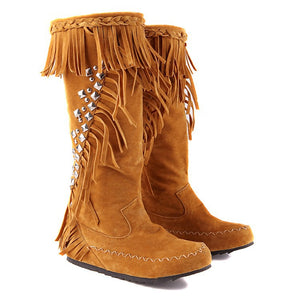 Women's vintage faux suede fringed and studded western boots
