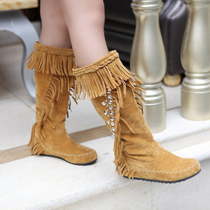 yellow Women's vintage faux suede fringed and studded western boots