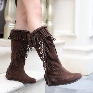 Women's vintage faux suede fringed and studded western boots