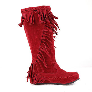 red Women's vintage faux suede fringed and studded western boots