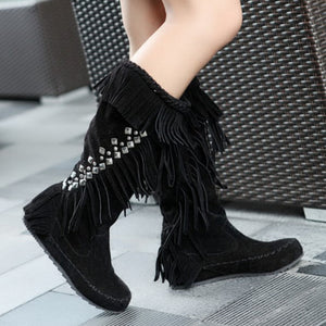 Women's vintage faux suede fringed and studded western boots